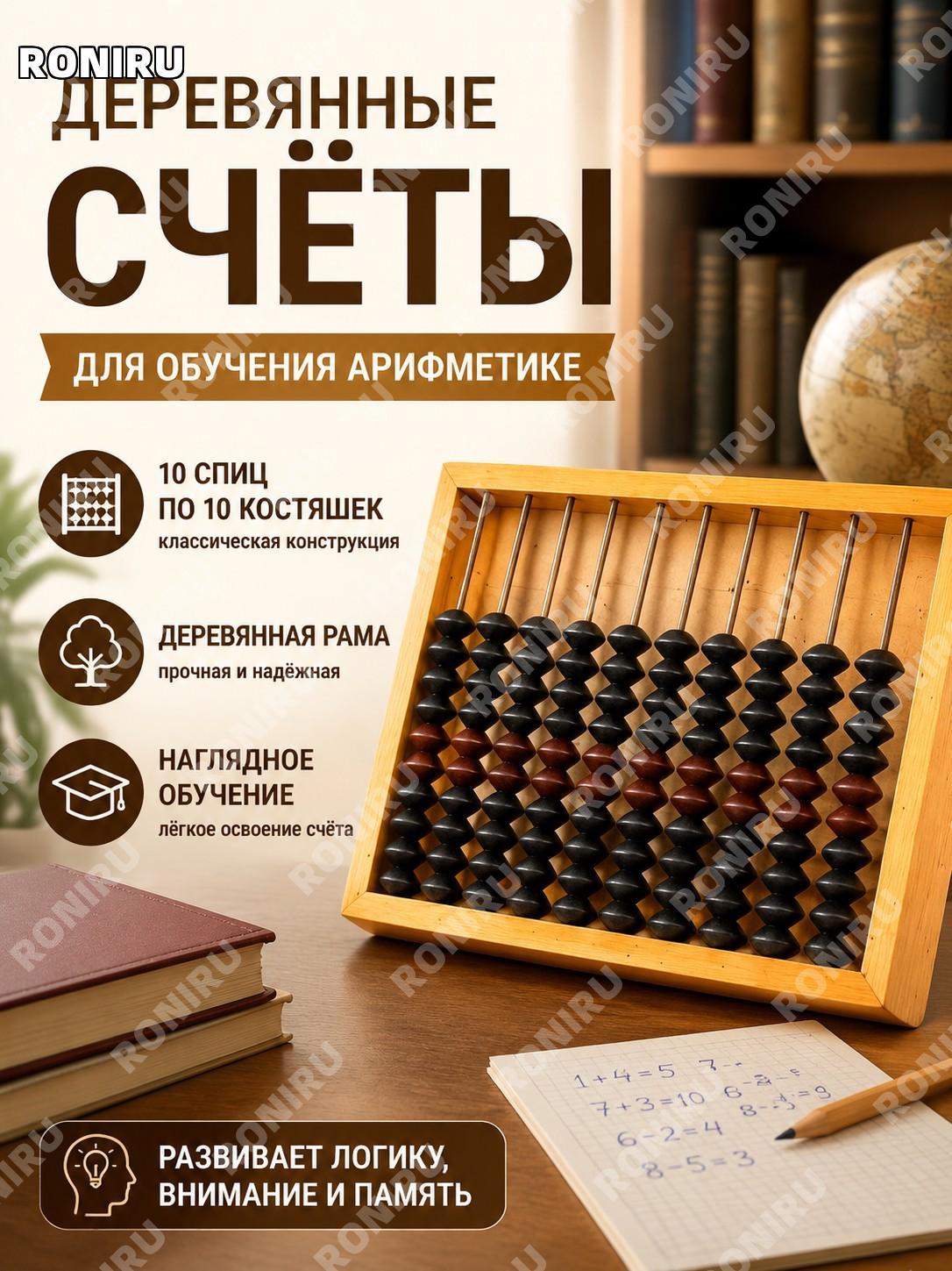 Счёты деревянные СССР для наглядного обучения ребёнка арифметике, с рамой, 10 спиц, по 10 пластиковых костяшек