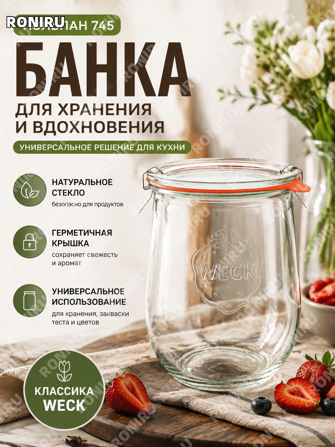 Банка для хранения продуктов Weck Тюльпан 745 с герметичной крышкой стеклянная емкость для закваски теста и цветов