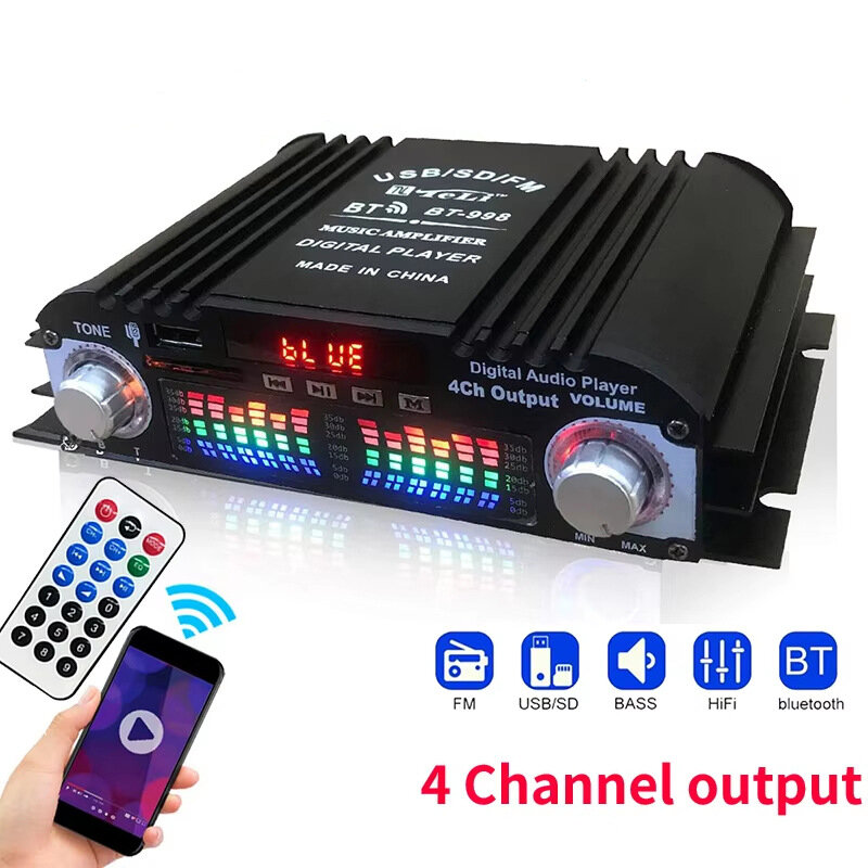 BT-998 Bluetooth Усилитель 4.0 канала HiFi цифровой приемник с картридером USB FM радио автомобильный усилитель черный