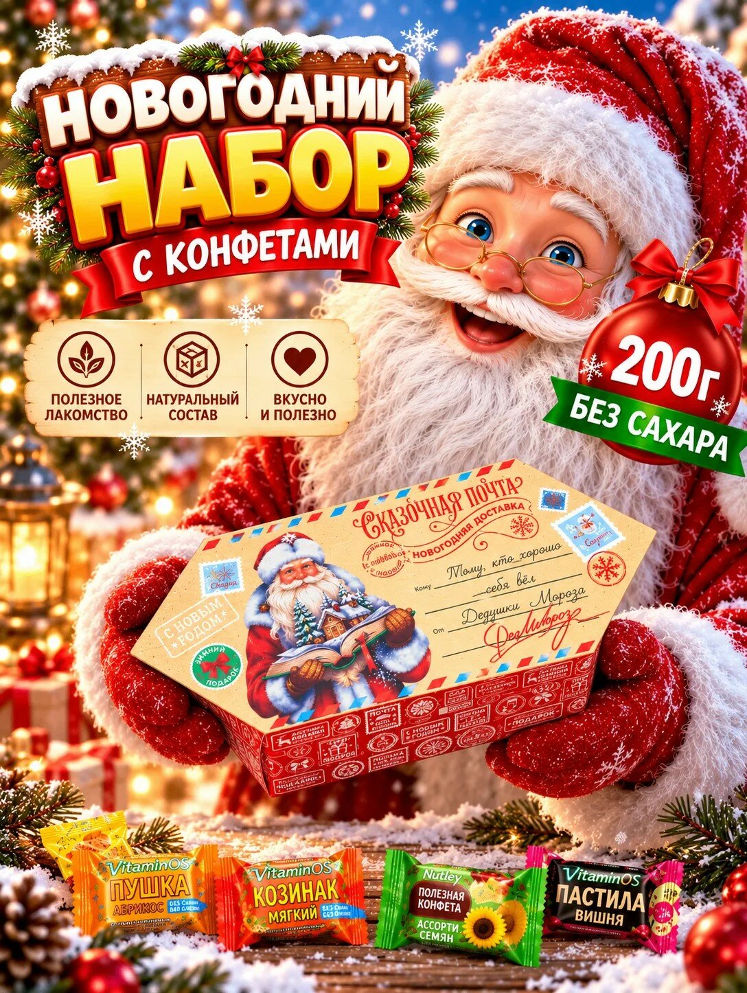 Новогодний подарок сладкий, без сахара, без глютена, почта Деда Мороза, 200 гр