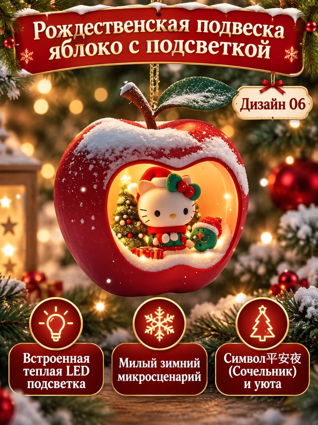 Новогодняя игрушка на ёлку в виде яблока с подсветкой и сценкой внутри: красное яблоко с золотой отделкой, фигурка Hello Kitty с колокольчиками акри