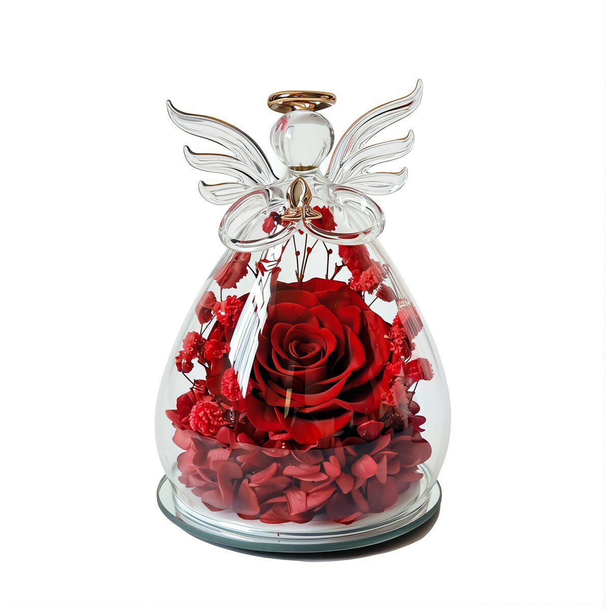 Стеклянный ангел с вечной розой в куполе подарок на день святого валентина декор для дома интерьерный сувенир 7.5 на 10 см, настоящий неувядающий цветок, Большой ангел с 1 розой 10×15 см