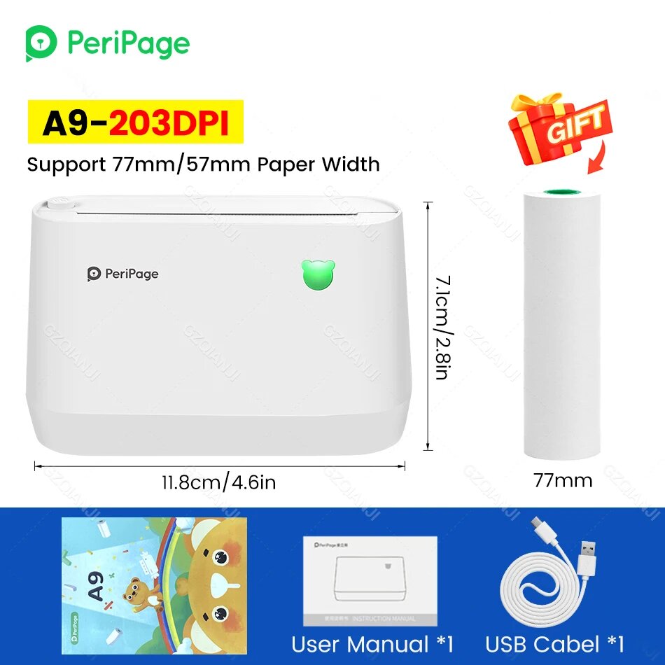 PeriPage A9 Портативный термопринтер 77mm-203dpi-A9