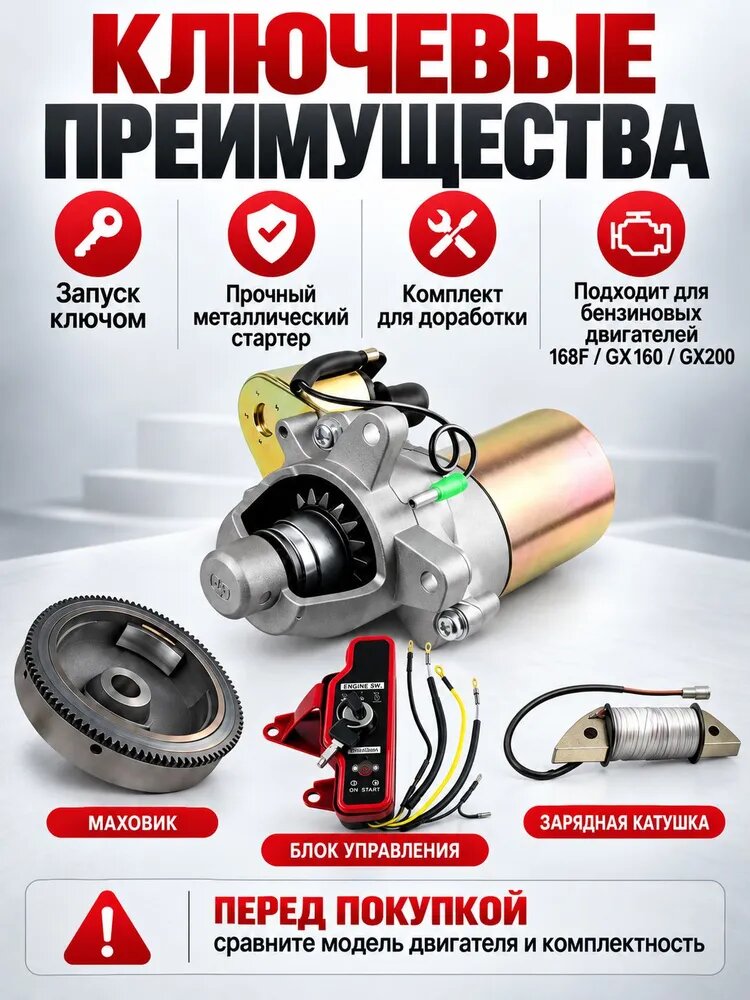 Ремкомплект для электропуска 168F / GX160 / GX200 (стартер, маховик, блок управления) — фото 1