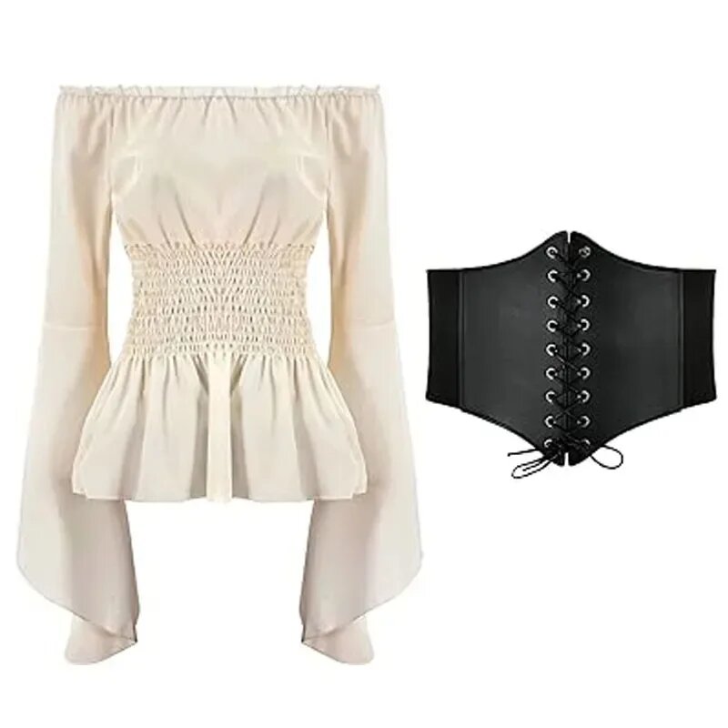 Женский костюм пиратки из полиэстера Черный, L, Beige Tops Belt