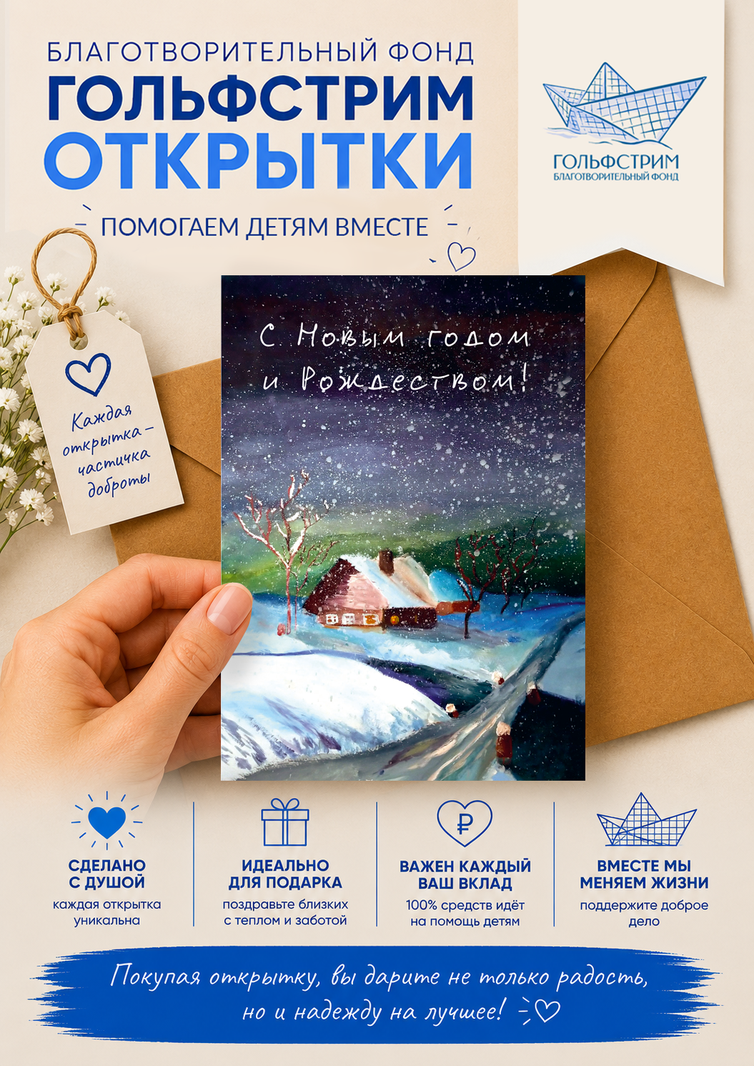 Новогодняя открытка "Домик", двусторонняя, 15x10,5 см, бумага, благотворительный проект