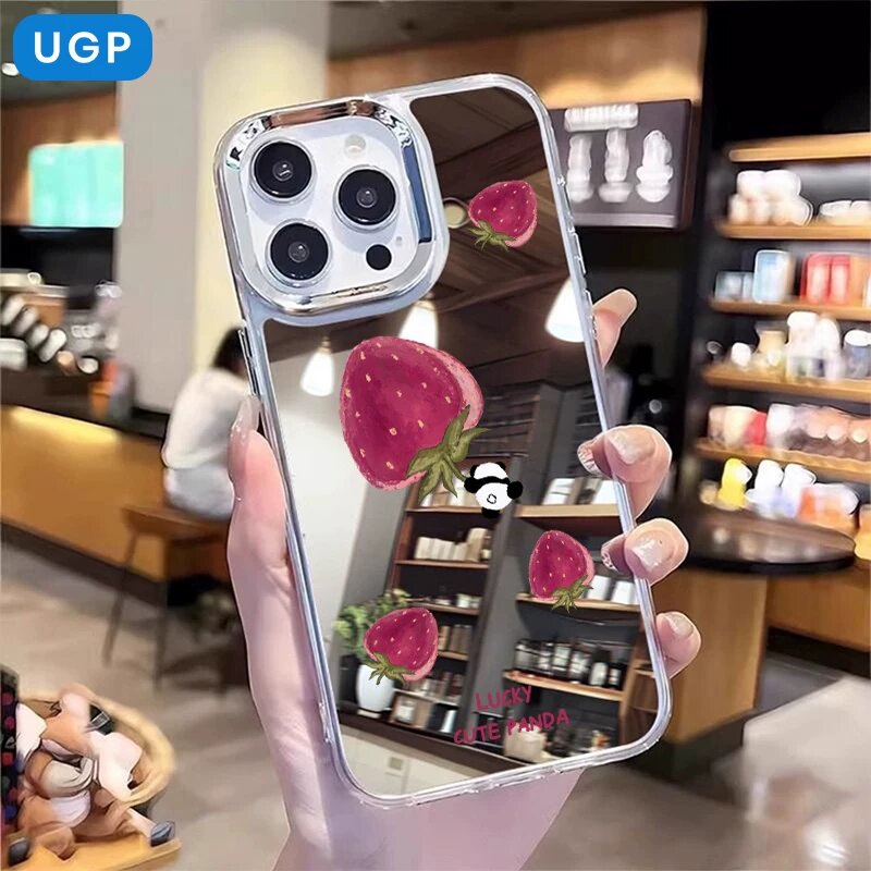 Чехол для iPhone 13 Pro с зеркальной поверхностью, дизайном из четырех клубничных панд, премиум-финал