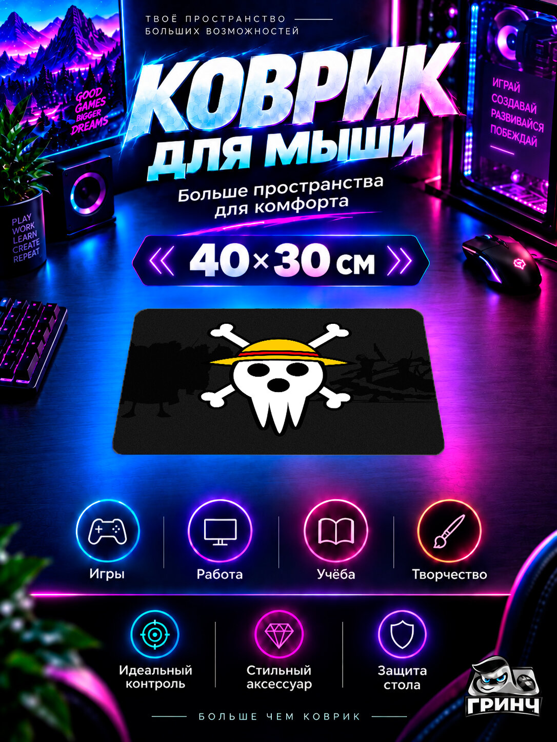 Игровой коврик для мыши 40×30 см — One Piece / Ван-Пис — One Piece Anime Art Logo