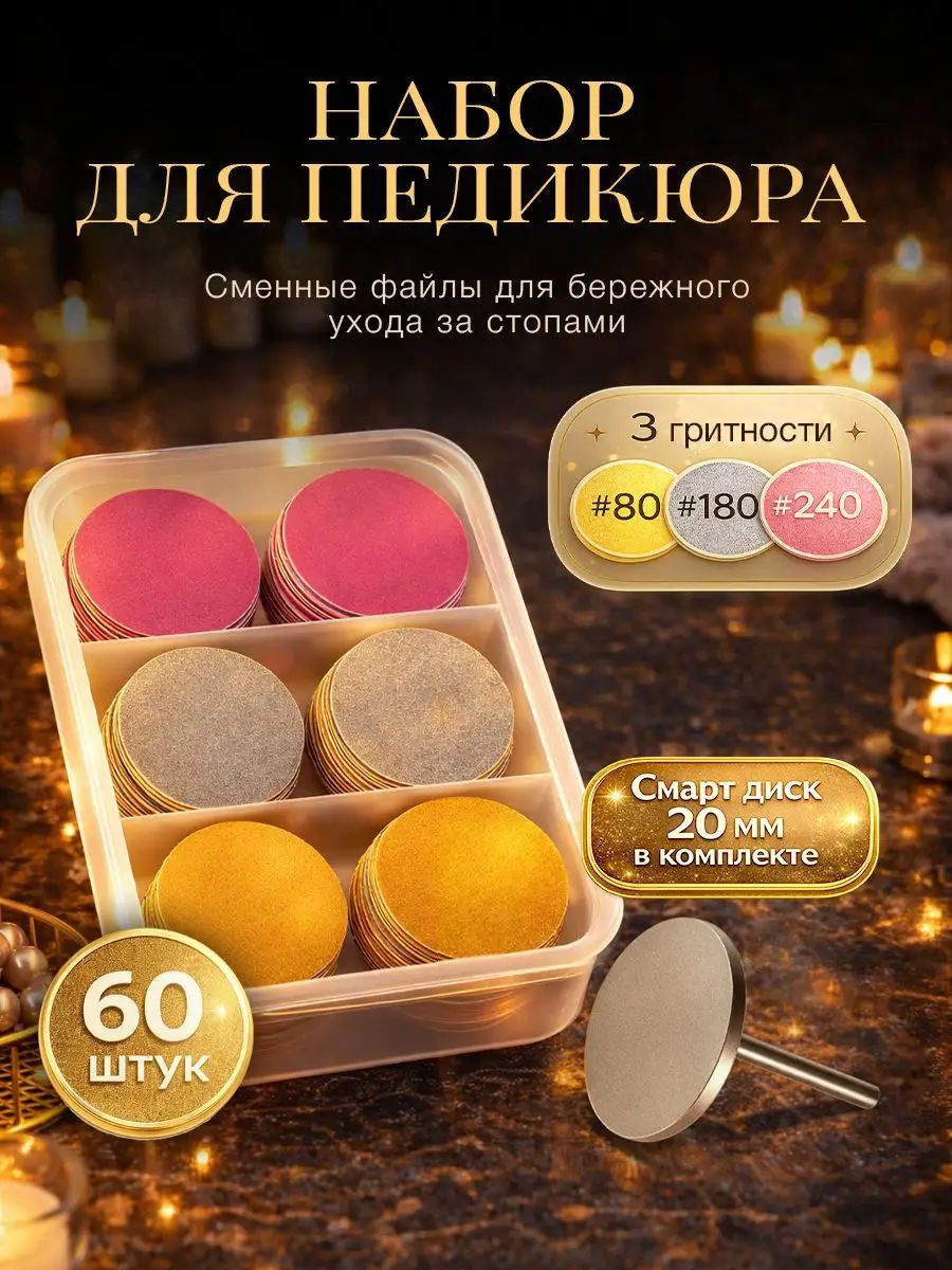 Смарт диск для педикюра со сменными файлами, 60 шт, 80/180/240 грит, 20 мм - М.