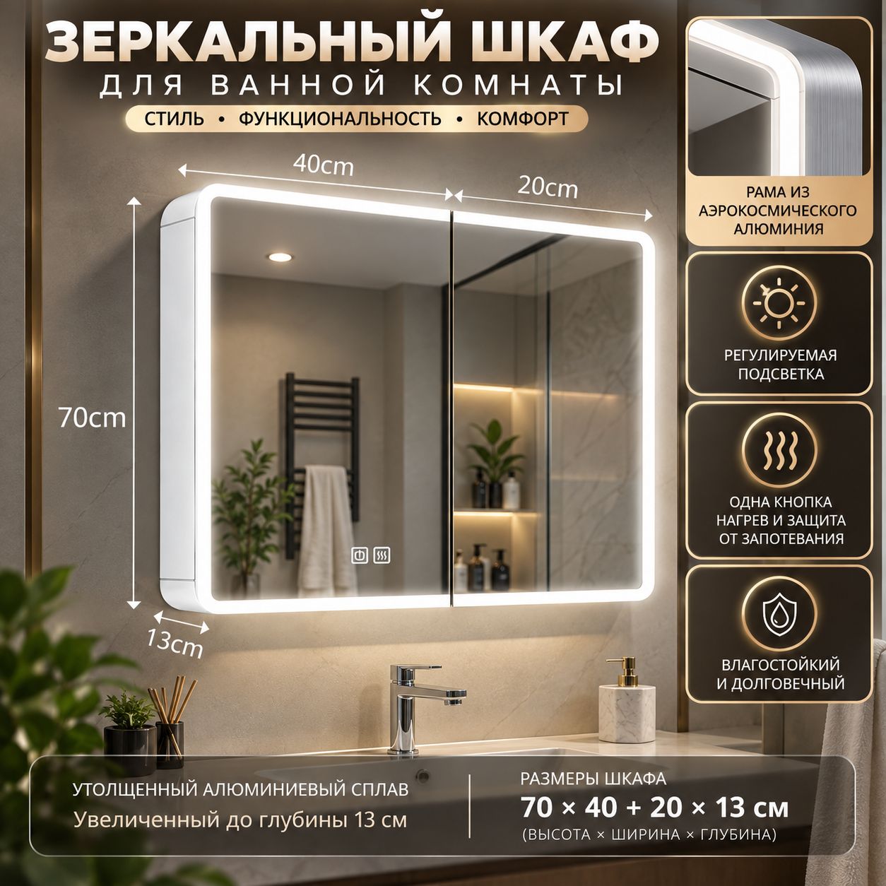 Алюминиевый зеркальный шкаф для ванной комнаты Smart Space ,65,60, белый, прозрачный