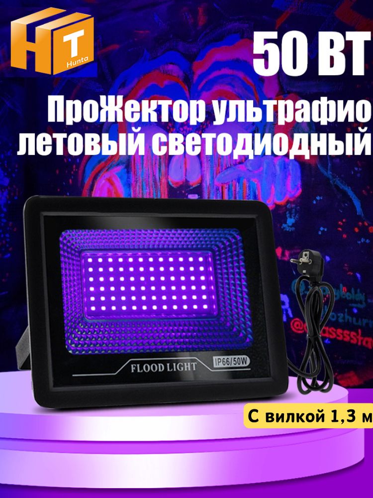 Светодиодный Прожектор ультрафиолетовый 50W, УФ 395-400 nm, уличный IP66, С вилкой 1,3 м