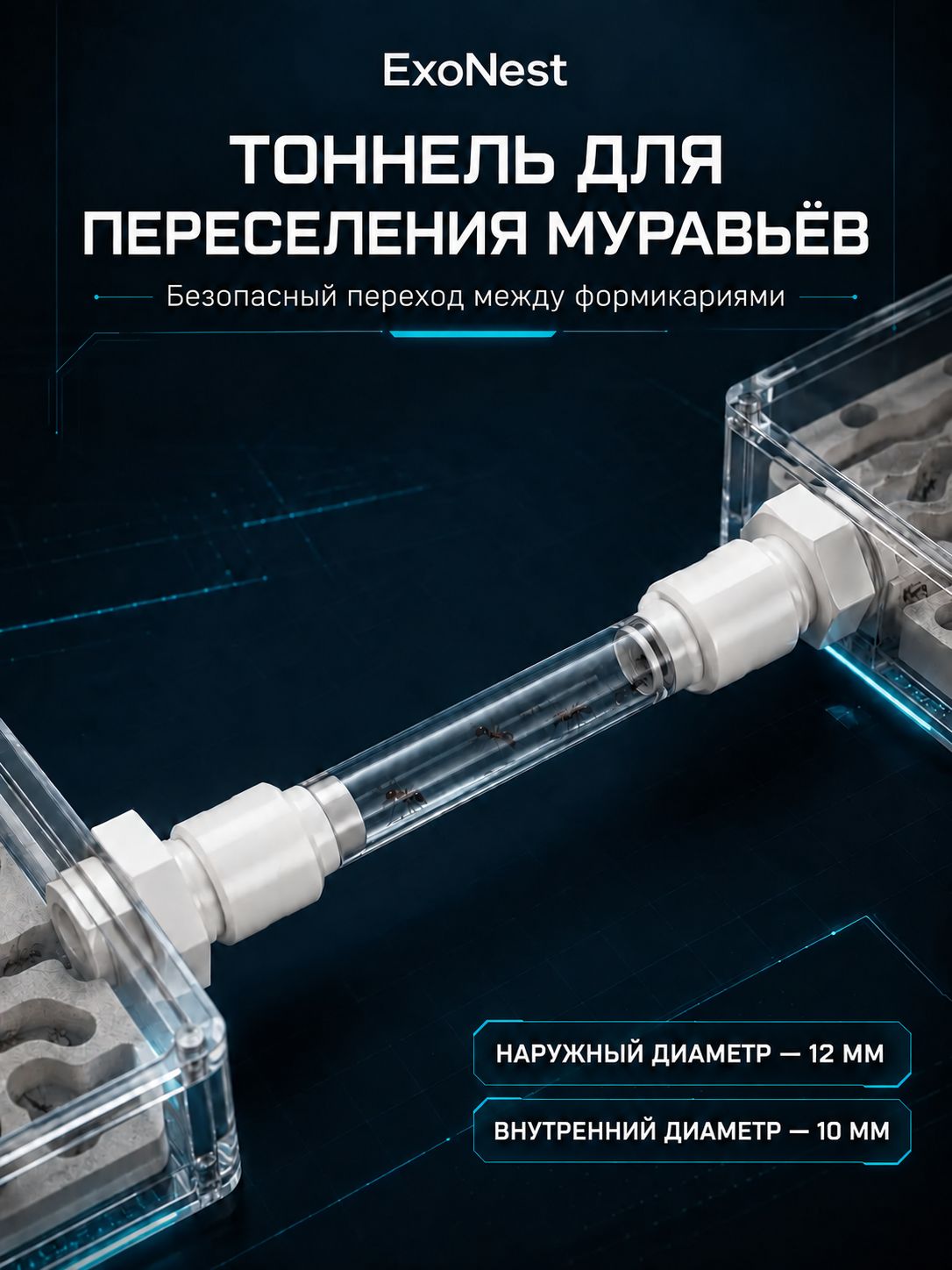 ExoNest Туннель-переход для муравьиной фермы, для переселения муравьёв, наружный 12 мм / внутренний 10 мм