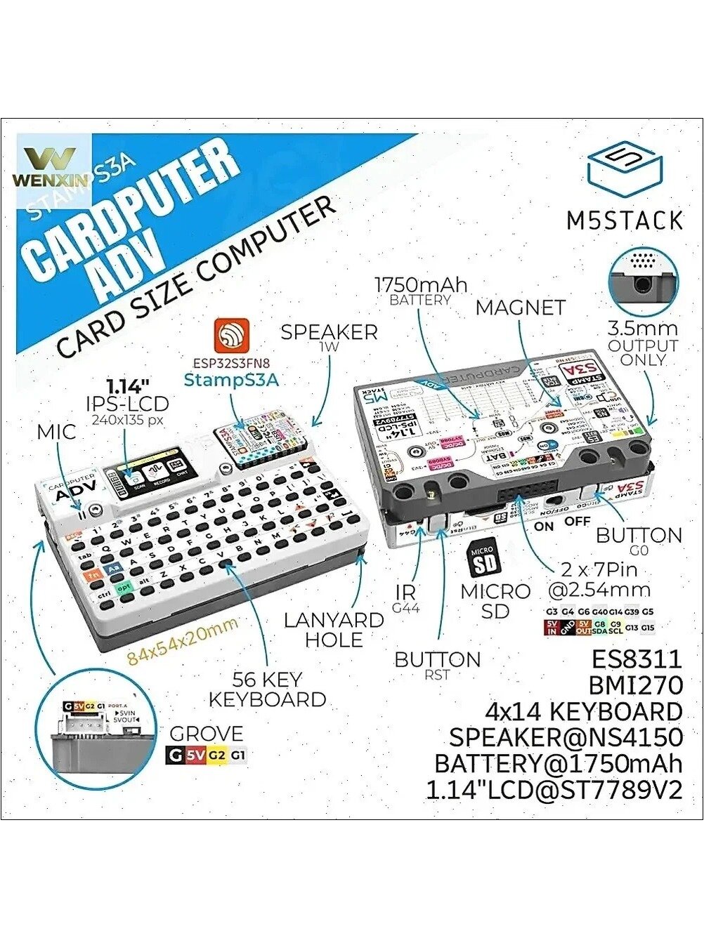 M5stack Cardputer Adv Модулем Stamp-S3A и LCD Экраном 1.14 Дюйма