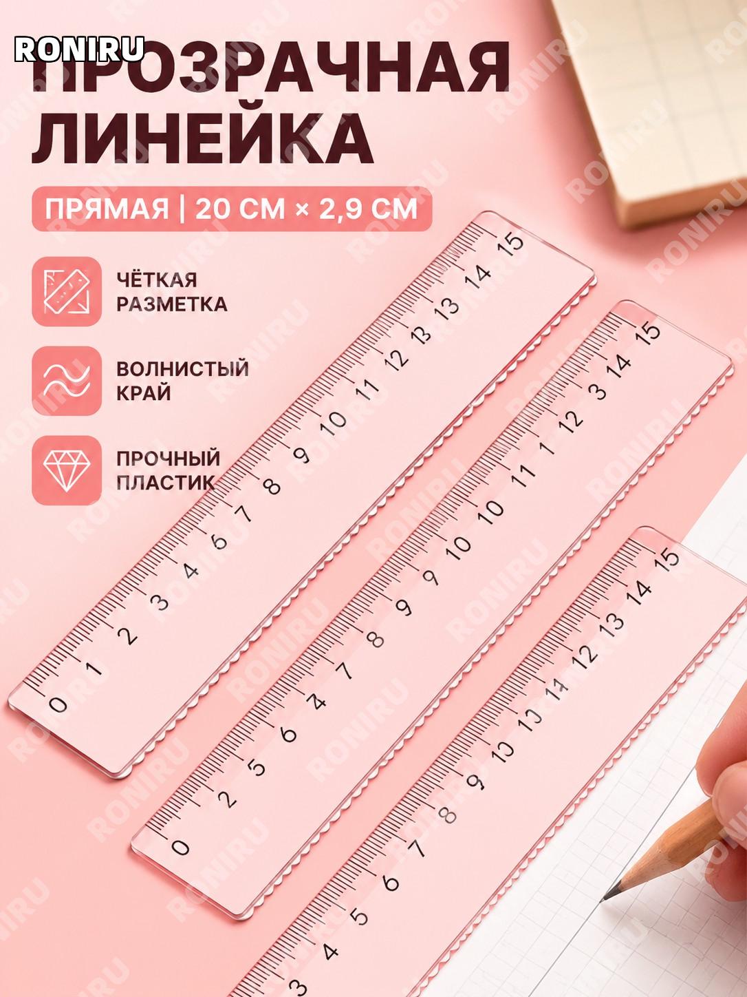 Линейка прозрачная прямая 20 см ширина 2,9 см 1 шт для измерений и черчения школьная с волнистой шкалой учебная