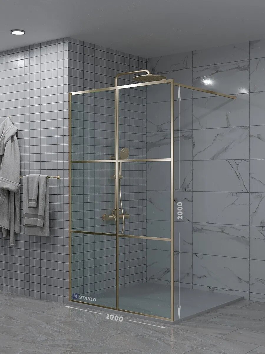 Loft душевая одиночная перегородка staklo 100x200 из прозрачного стекла бронза фурнитура