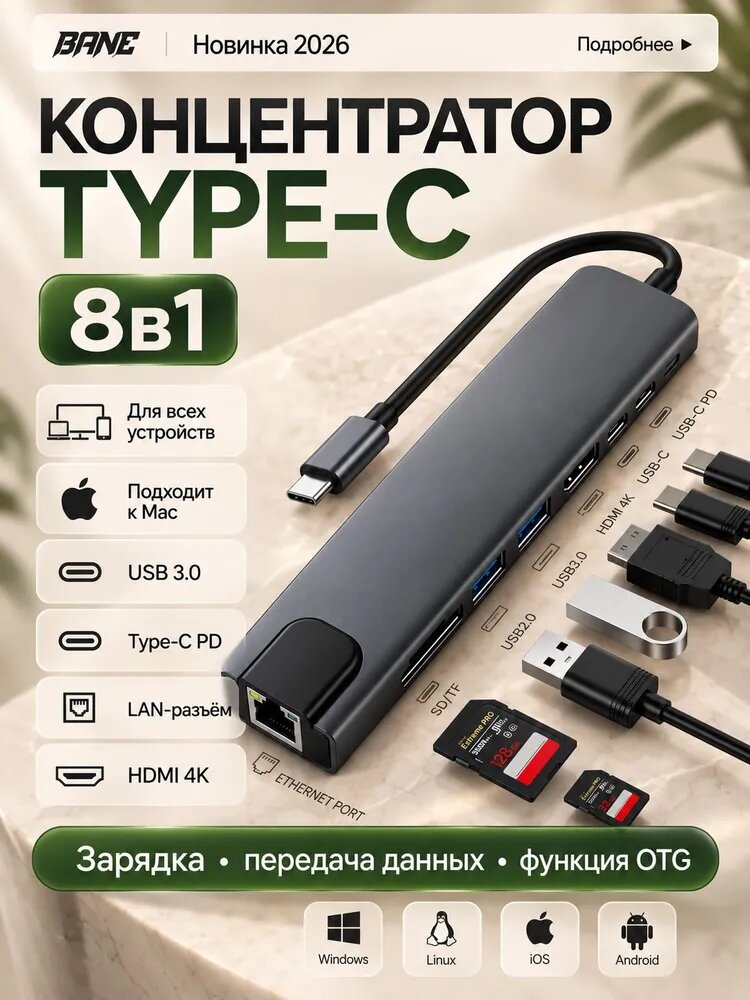 Type-C HUB для MacBook / USB разветвитель / HDMI адаптер / RJ-45 адаптер / USB HUB 3.0 / USB 3.0, HDMI, RJ-45, Type-C, PD, SD, Micro SD