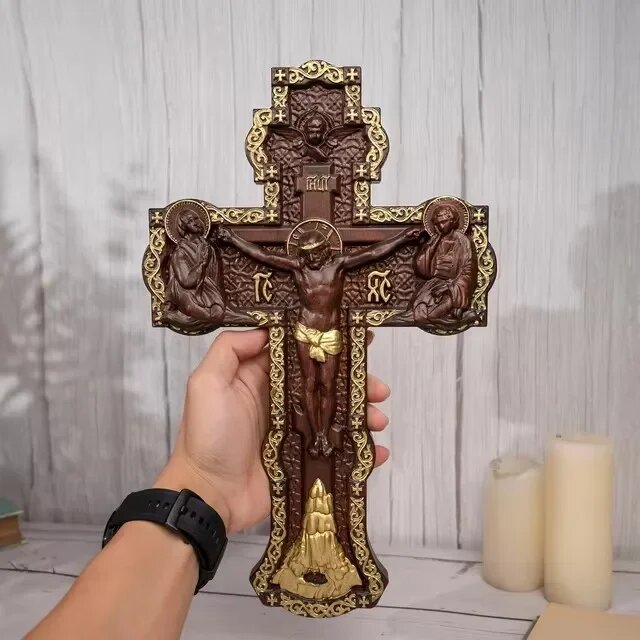 Деревянный винтажный крест ручной работы gold, 25cm