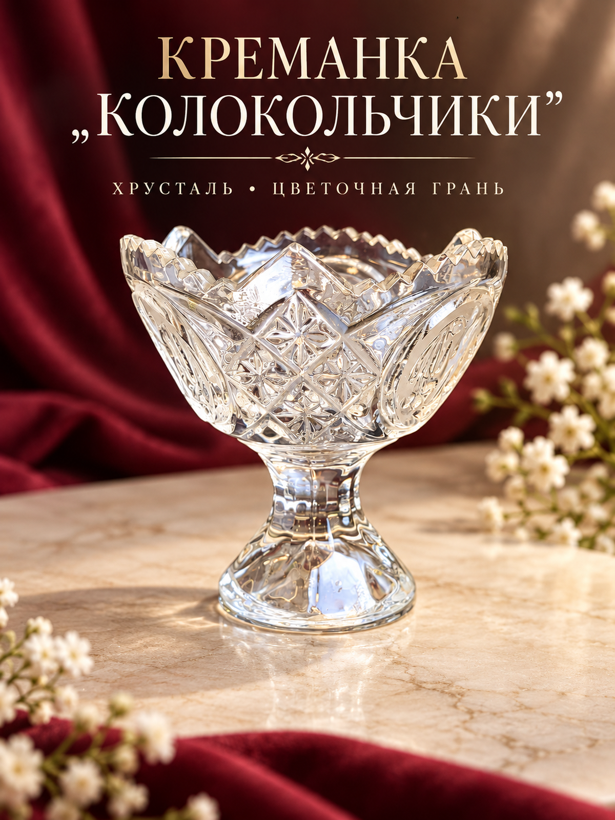Креманка хрустальная с декором "Колокольчики", цветы, алмазная резная грань, СССР винтаж 1970-1990 гг