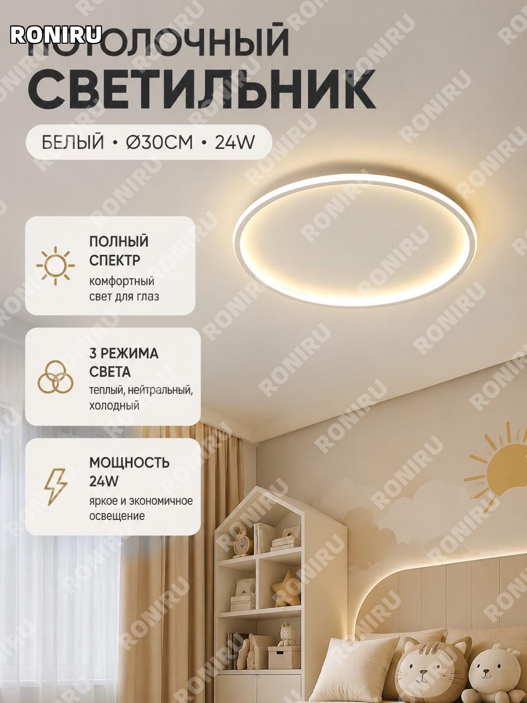 Облачный потолочный светильник 24W белый, диаметр 30 см, полный спектр, модель Солнце, три режима света для детской