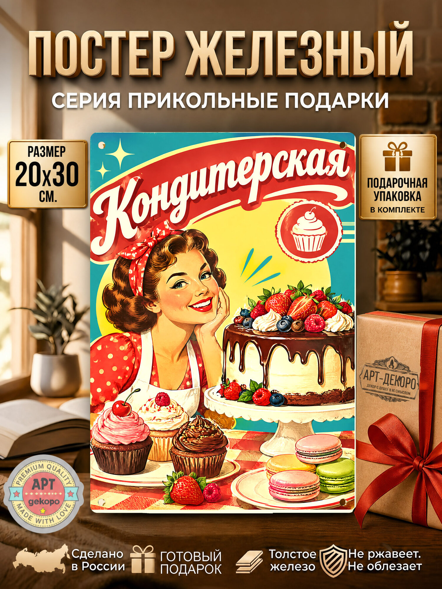 Кондитерская табличка металлическая декоративная, интерьерный постер вывеска для бизнеса и дома 20х30 см