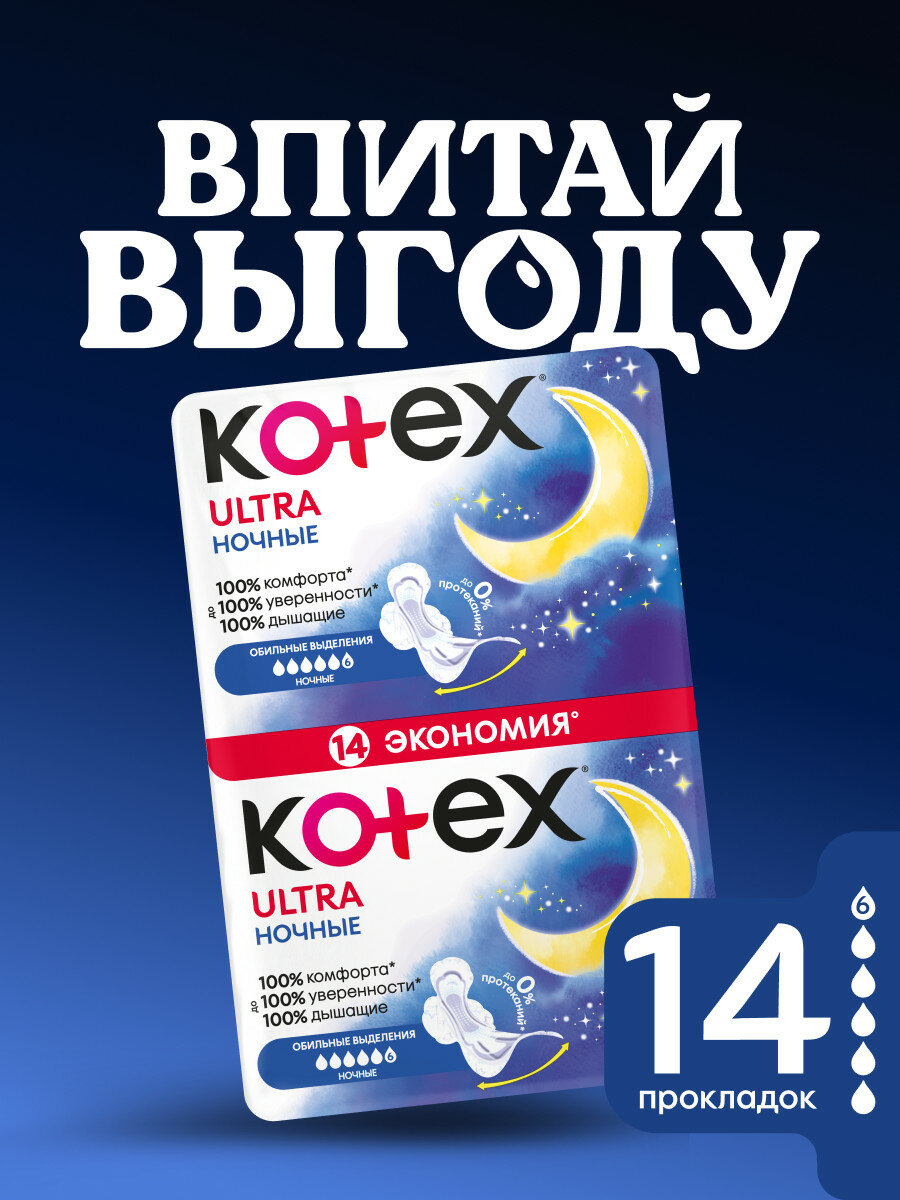 Прокладки женские ночные Kotex Ultra Night, 6 капель, 14 шт.