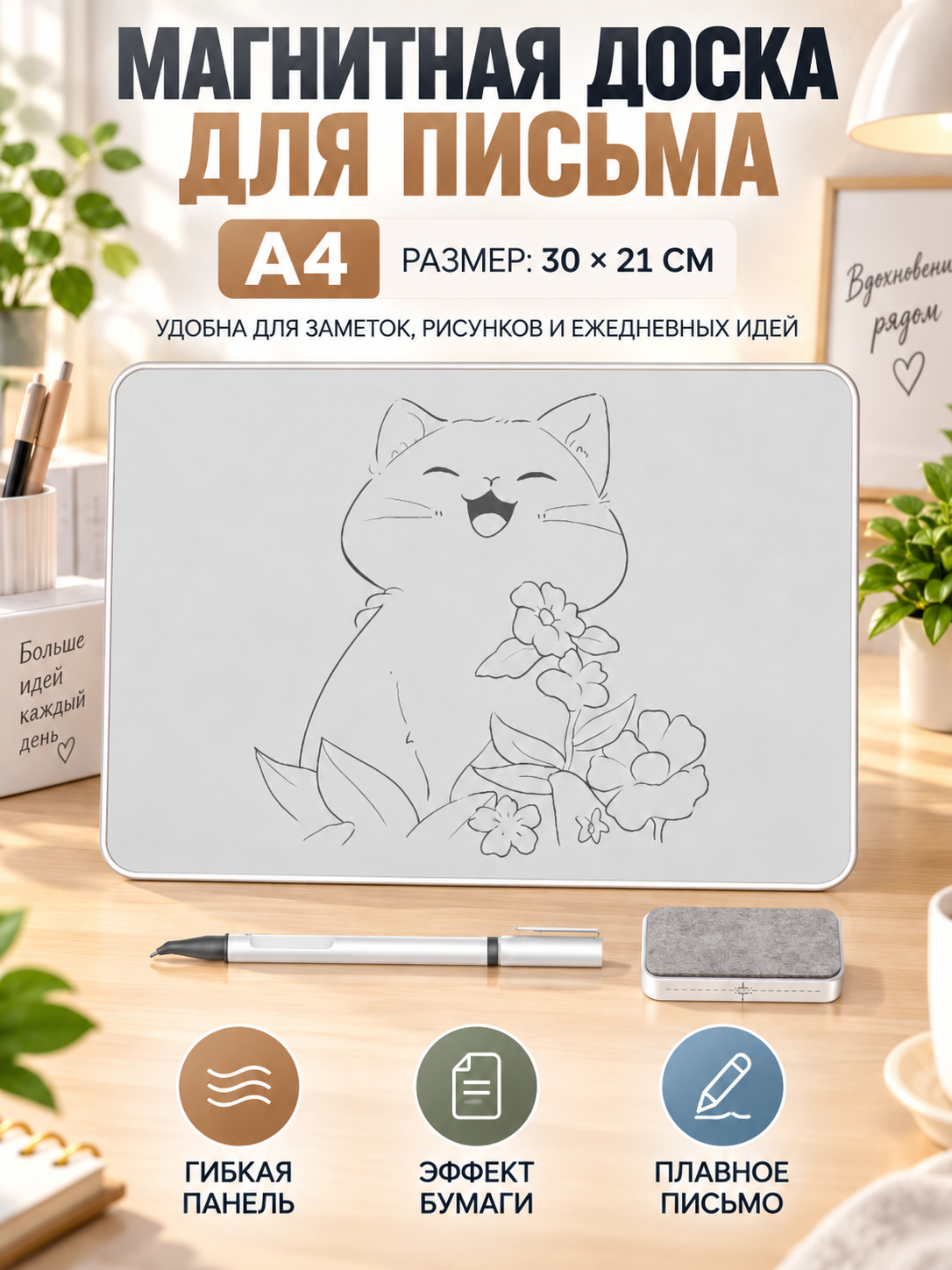 Магнитная доска А4 перезаписываемая без пыли, комплект с ручкой, для детского рисования, учебы и составления планов дня