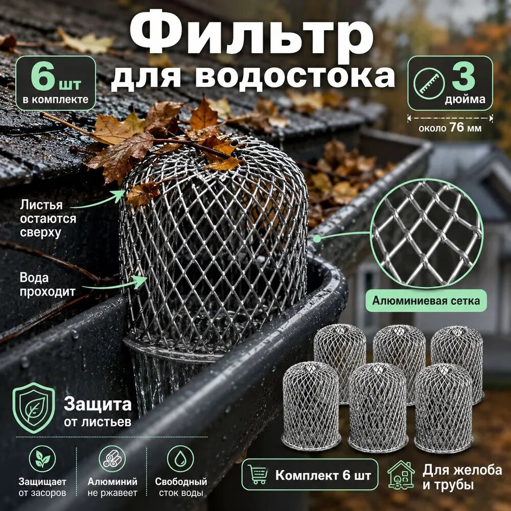 Фильтр для водостока 6 шт, купольная сетка для желоба от листьев 3 дюйма: алюминиевая защита от мусораНаборы крепежа