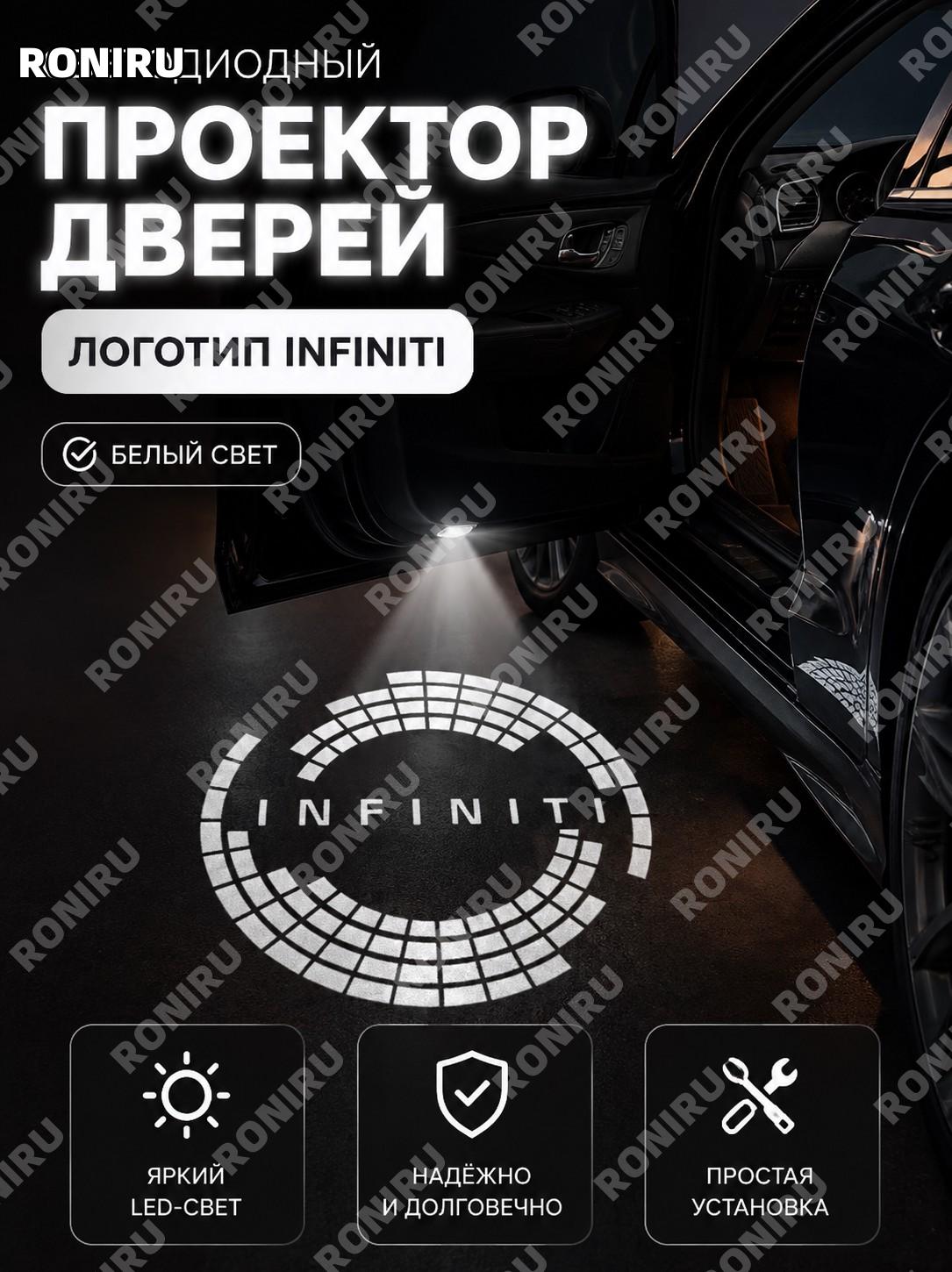 Светодиодная проекционная лампа в дверь Infiniti с логотипом, белый свет, вариант «Технологичный знак» для авто