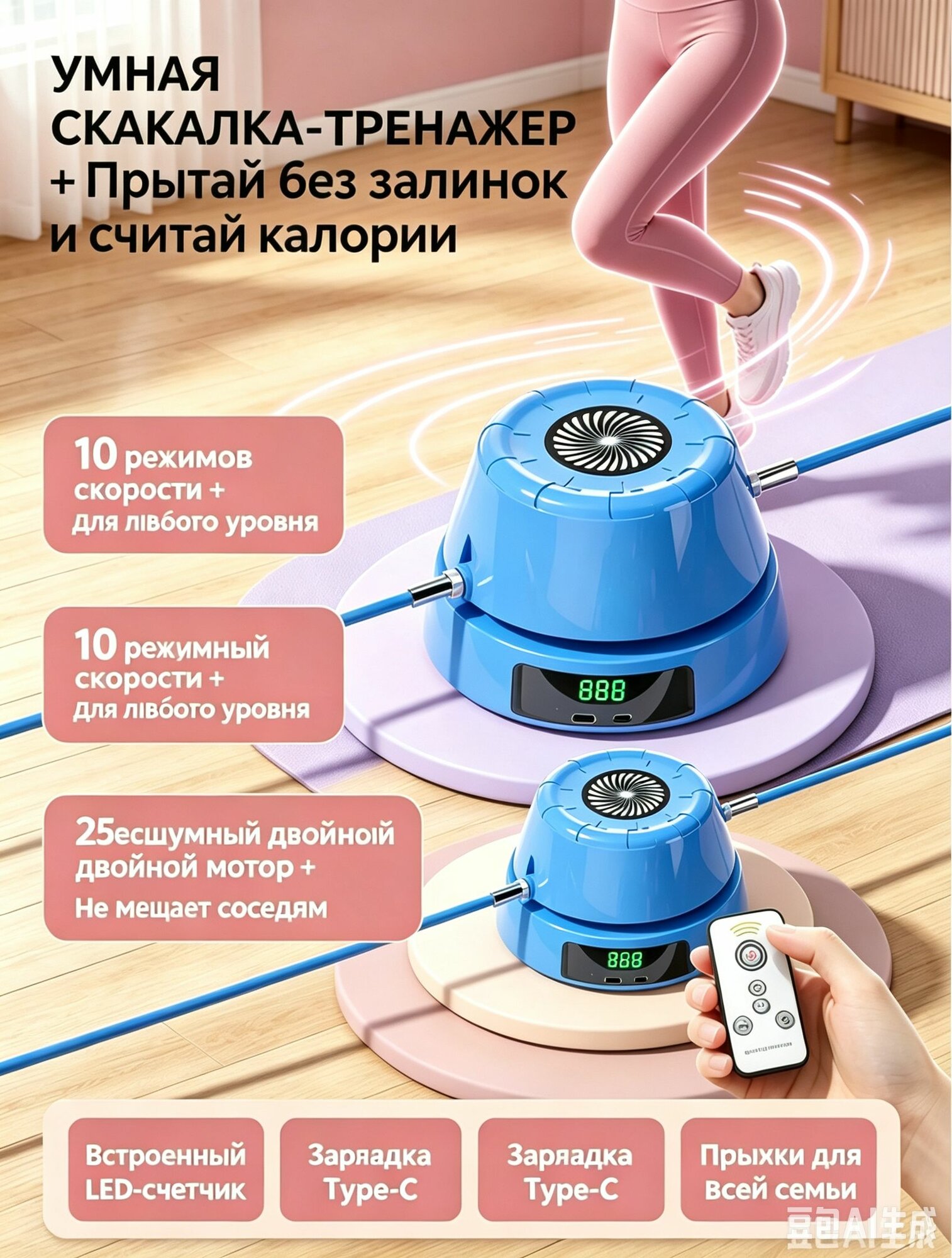 Умная скакалка электронная автоматическая, тренажер машинка для прыжков с пультом ДУ и ЖК-дисплеем - 01, для фитнеса/кардио/похудения, 10 скоростей, розовая-Хит продаж