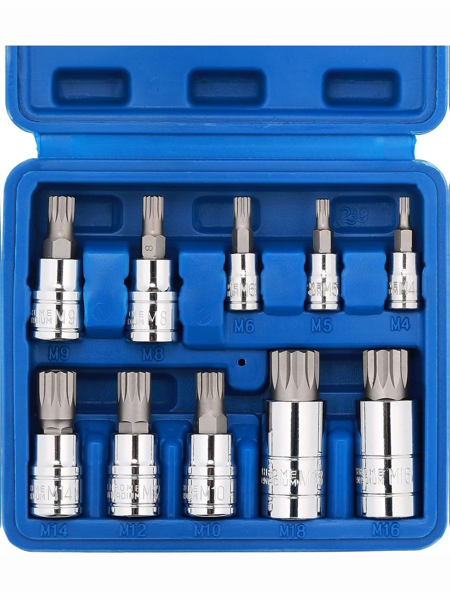 Набор бит-головок Triple Square 10 шт, приводы 1/4", 3/8", 1/2", M4 M18, 12-гранные защищенные, головки Cr-V, биты из стали S2