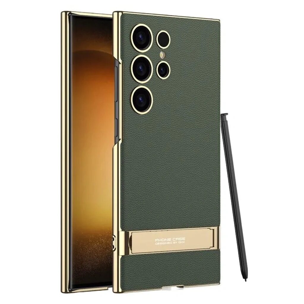 Чехол для Samsung S23 Ultra из кожи с гальванической отделкой: со встроенной подставкой, полная защита от ударов