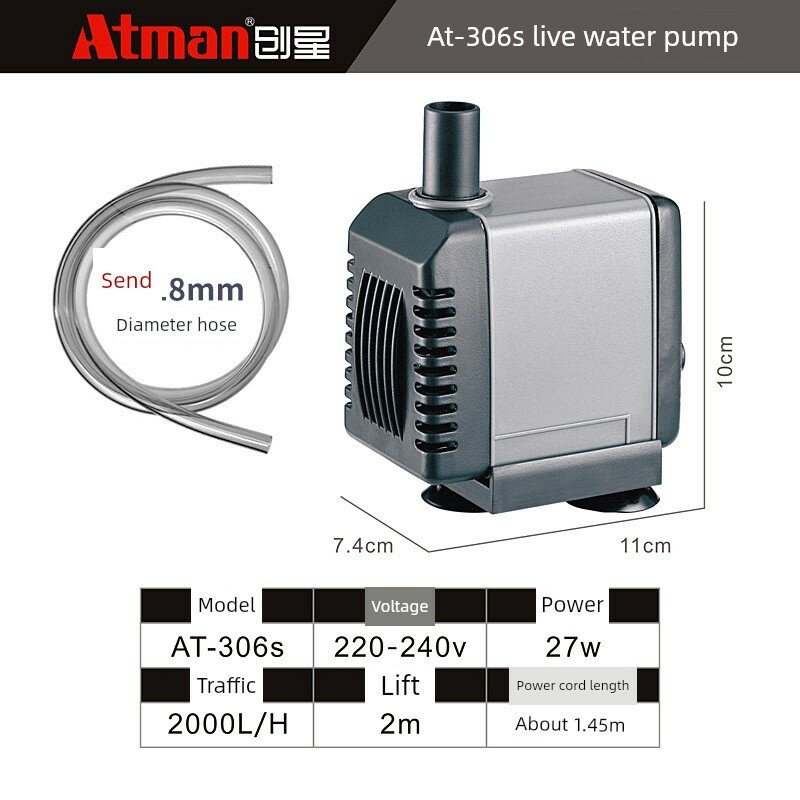 ATMAN AT306S Подводный насос для аквариума с шлангом 0,5 м 19/25 мм для циркуляции воды тихая работа