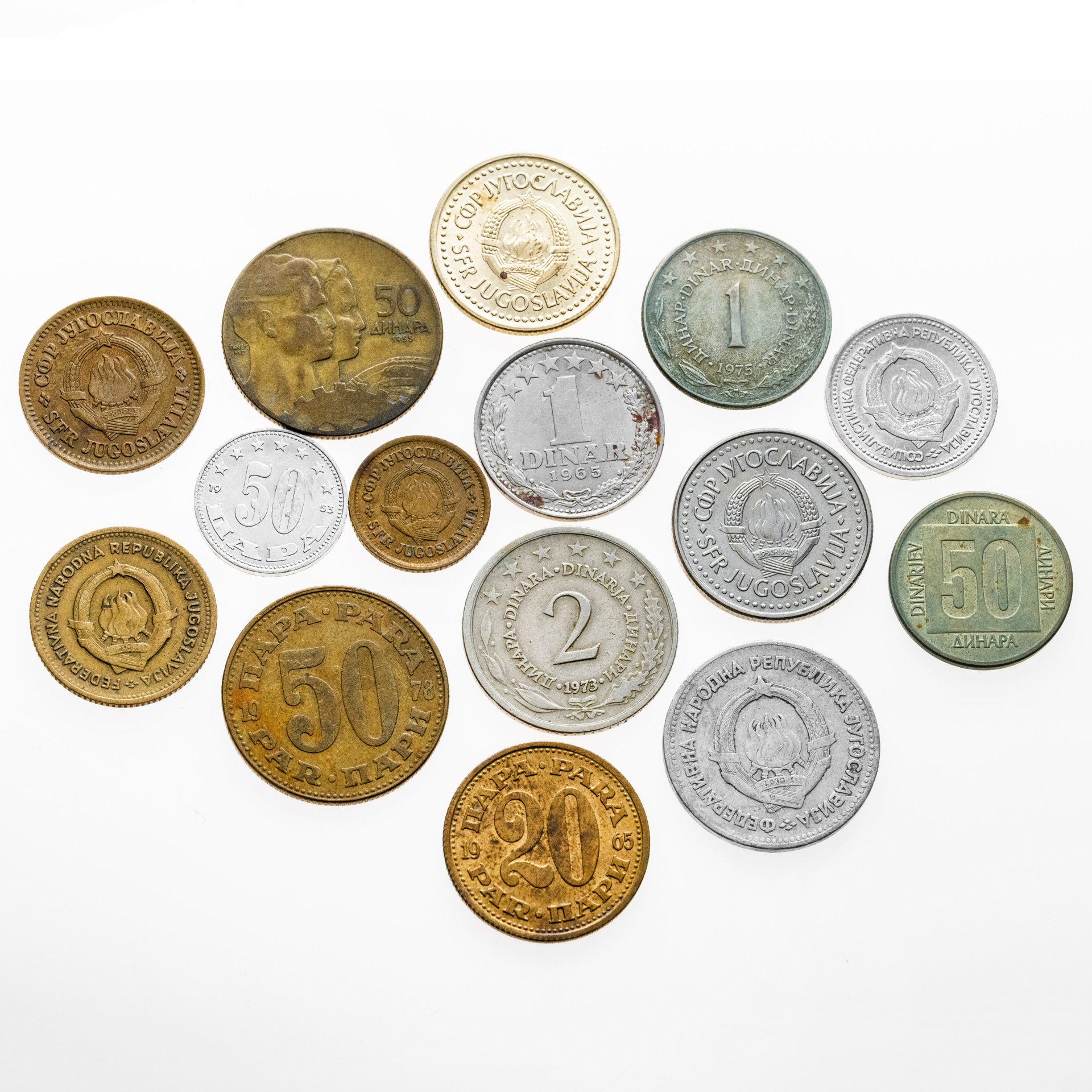 Югославия набор из 15 монет 1, 2, 5, 10, 50 динаров, 5, 10, 20, 50 пар пара, para 1953-1988, Различные сплавы, в сохранности F-AU
