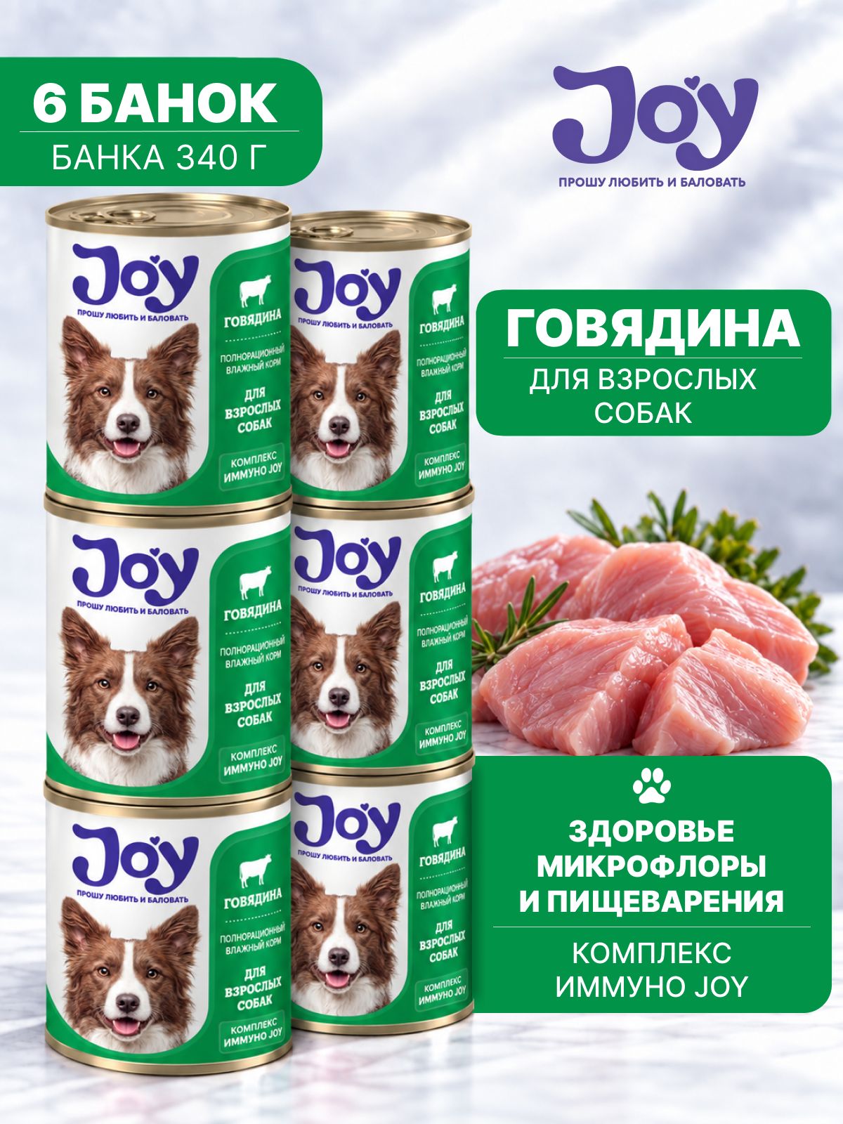 Влажный корм для взрослых собак JOY Иммуно, с говядиной, 340 г х 6 шт