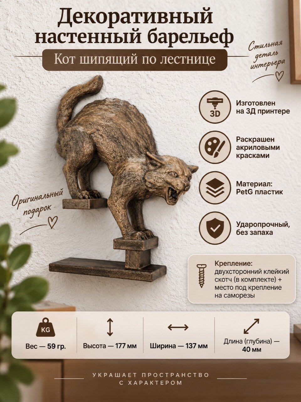 Декоративная статуэтка М3Д «Кот шипящий по лестнице»