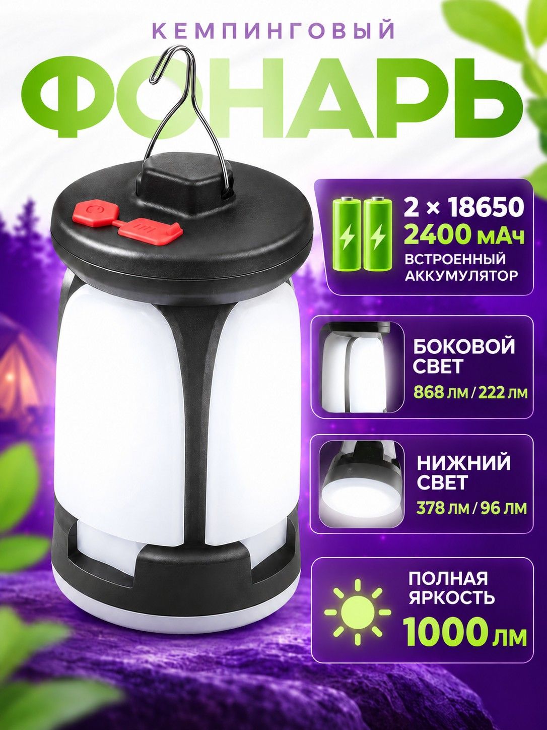 Фонарь кемпинговый аккумуляторный подвесной, фонарик для кемпинга туристический походный раскладной в палатку