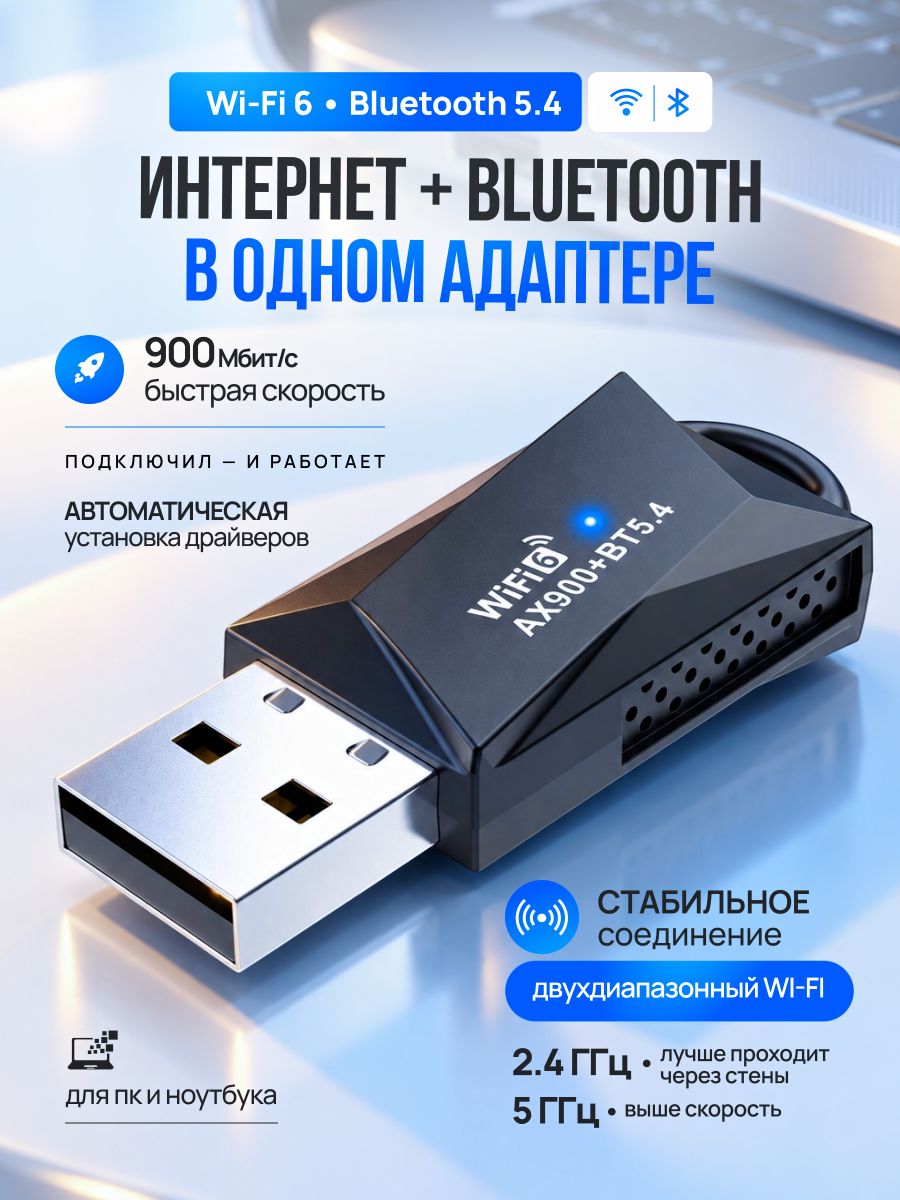 Блютуз адаптер для ПК с Wi-Fi 6 AlisaFox, Bluetooth 5.4, AX900, компактный USB-адаптер 2 в 1