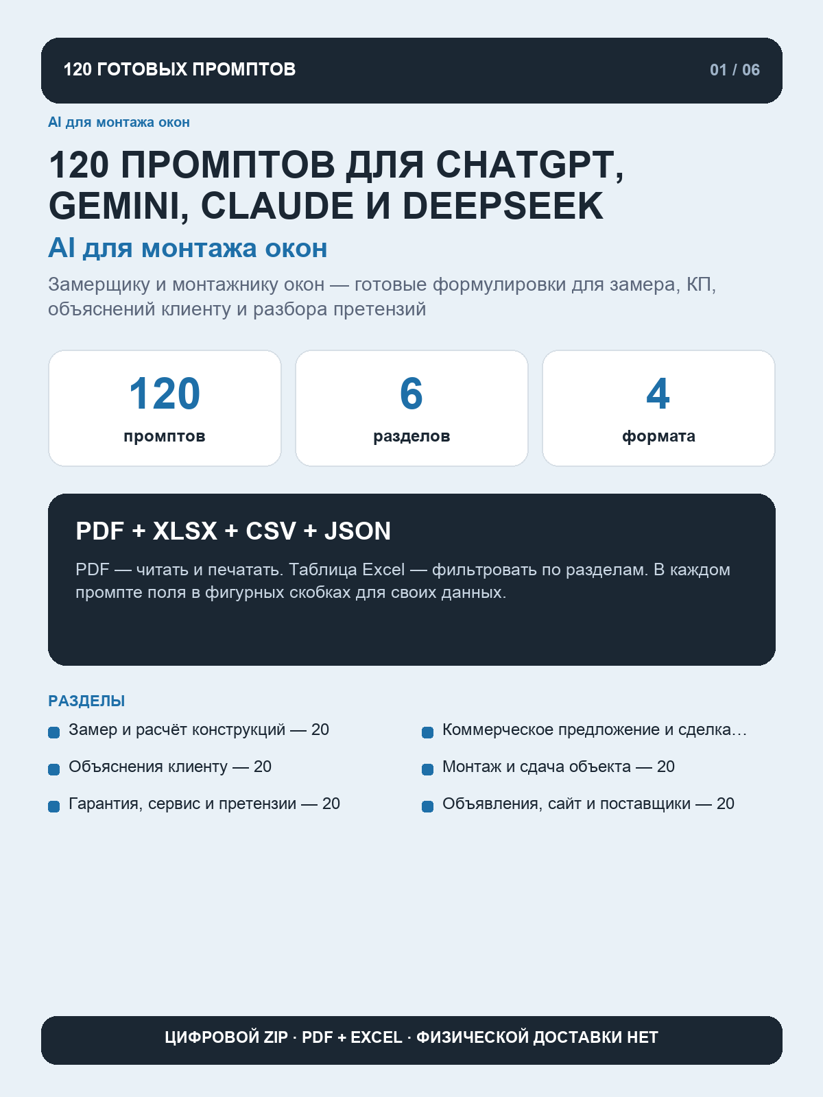 AI для монтажа окон: 120 промптов для ChatGPT, Gemini, Claude и DeepSeek, цифровой ZIP