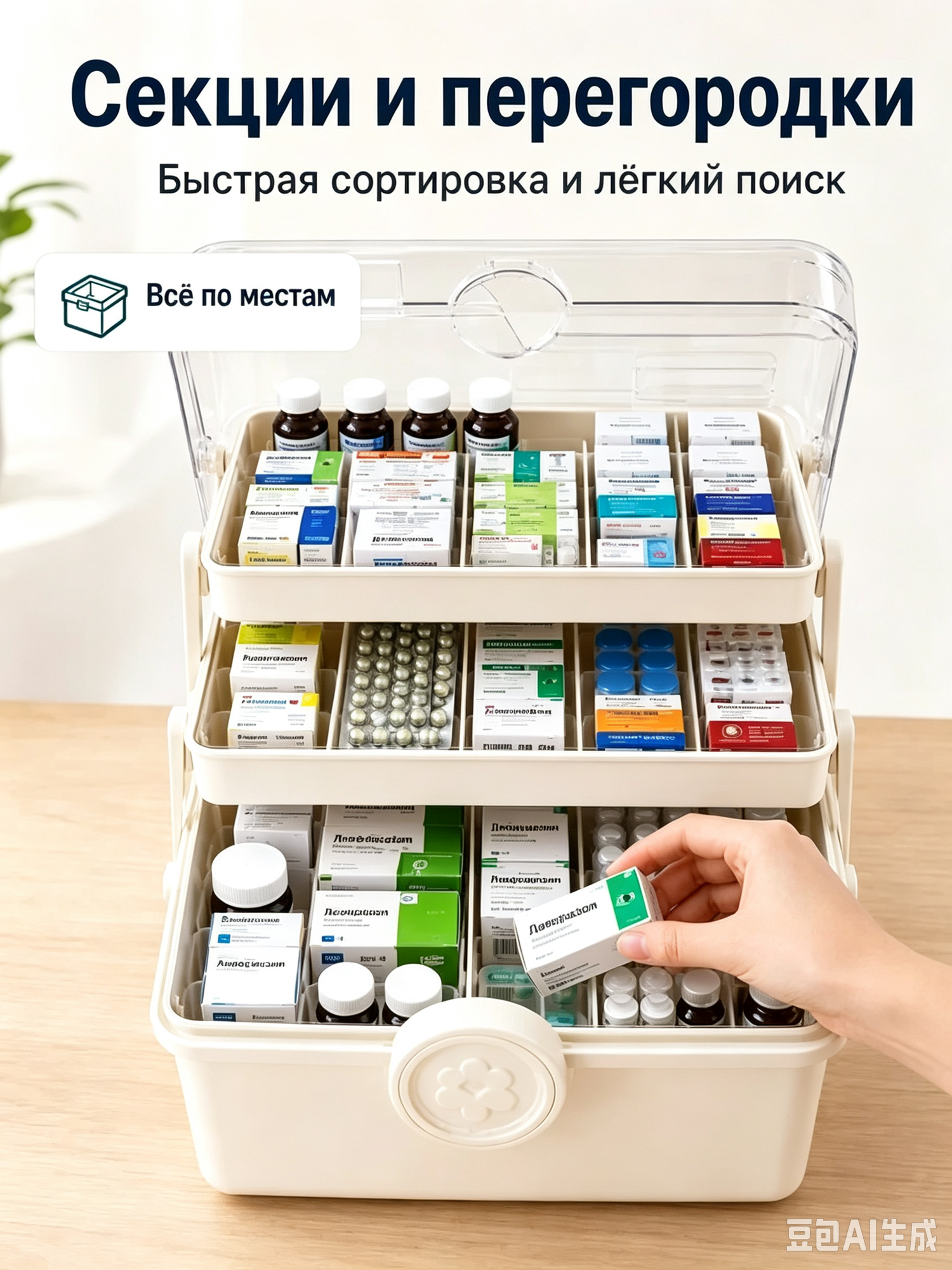 Домашняя аптечка‑органайзер для лекарств, многоуровневая пластиковая коробка для хранения медикаментов с ручкой — фото 1