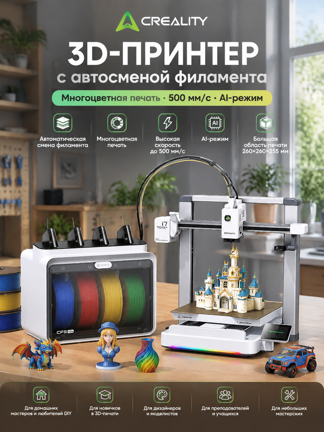 3D-принтер с автосменой филамента, многоцветная печать, 500 мм/с, AI-режим, 260×260×255 мм