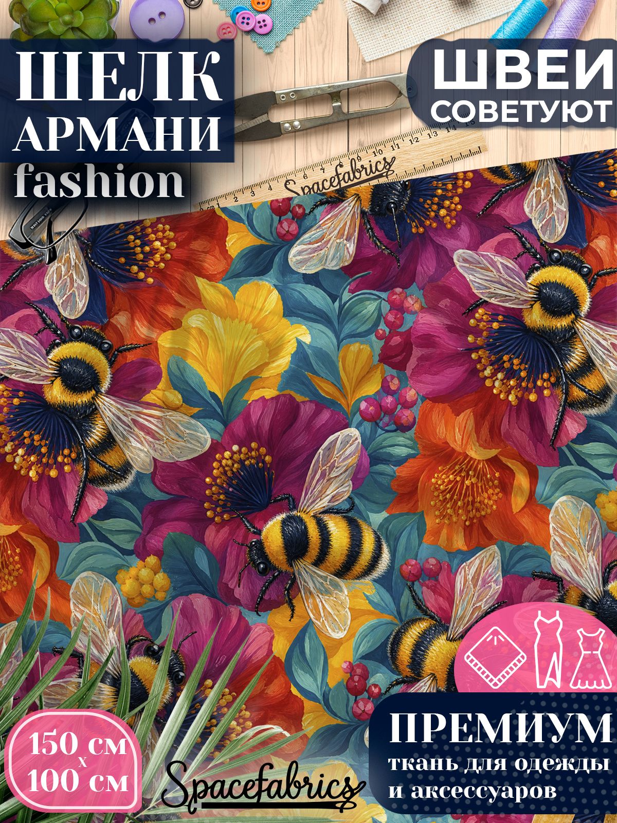 Ткань для шитья шелк Армани, искусственный атлас шелк для костюмов, платьев, юбок с принтом Пчёлы