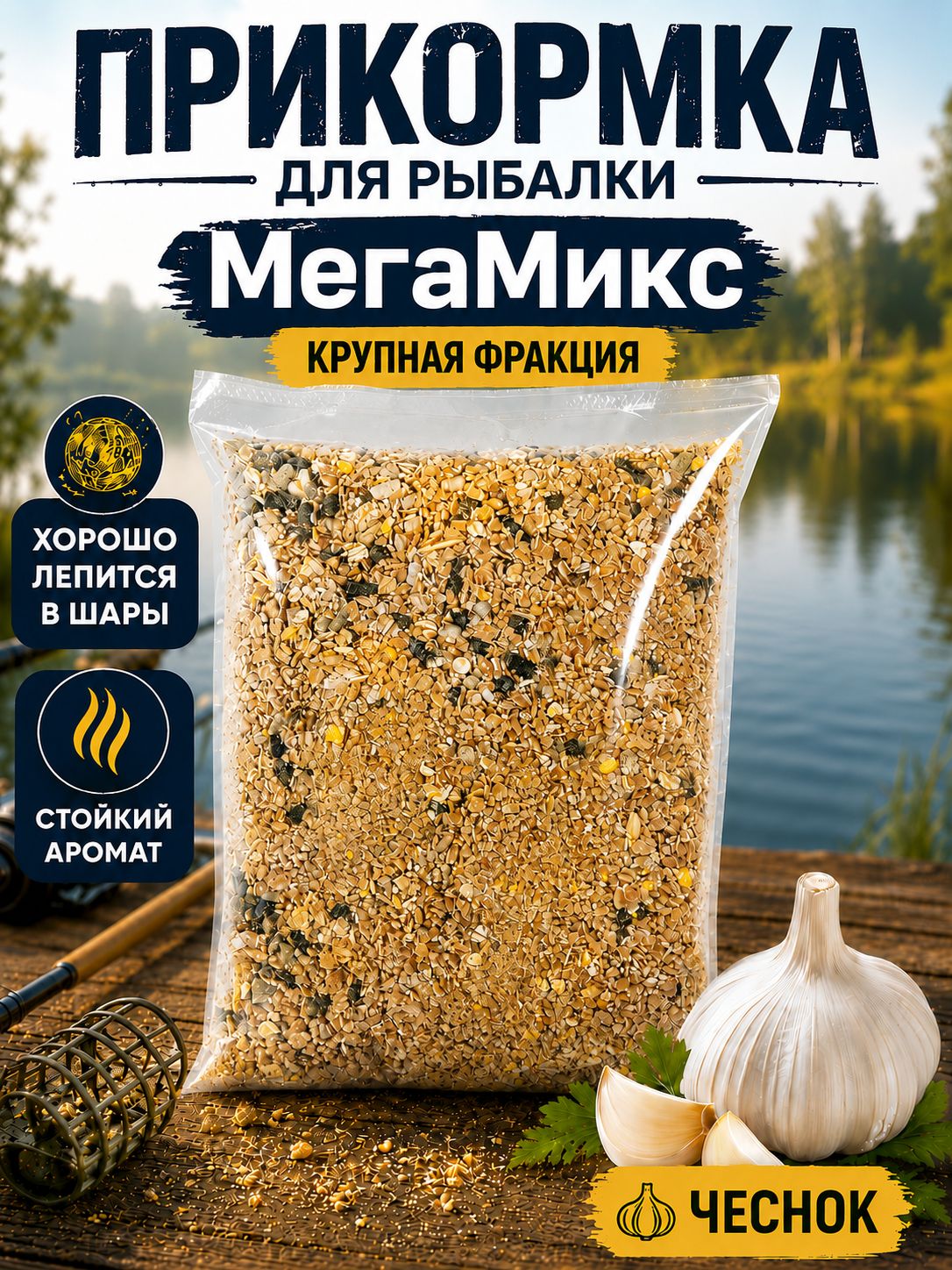 Прикормка для рыбалки МегаМикс, крупная фракция для леща и карпа. Для фидера и других видов ловли Чеснок
