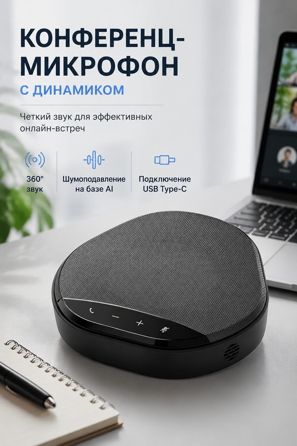 Конференц-микрофон с динамиком, USB Type-C, всенаправленный, черный