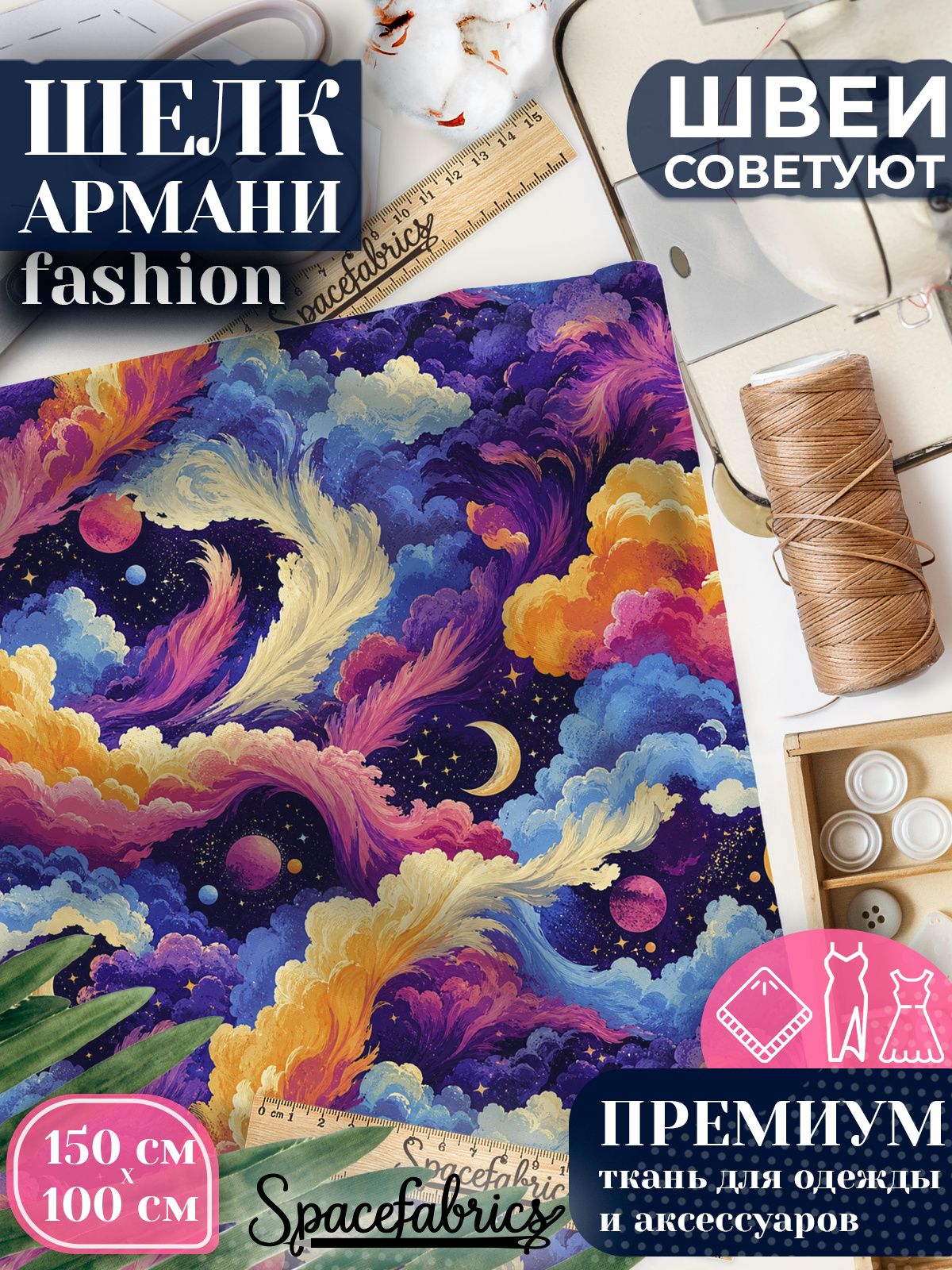 Ткань для шитья шелк Армани, искусственный атлас шелк для костюмов, платьев, юбок с принтом Облака