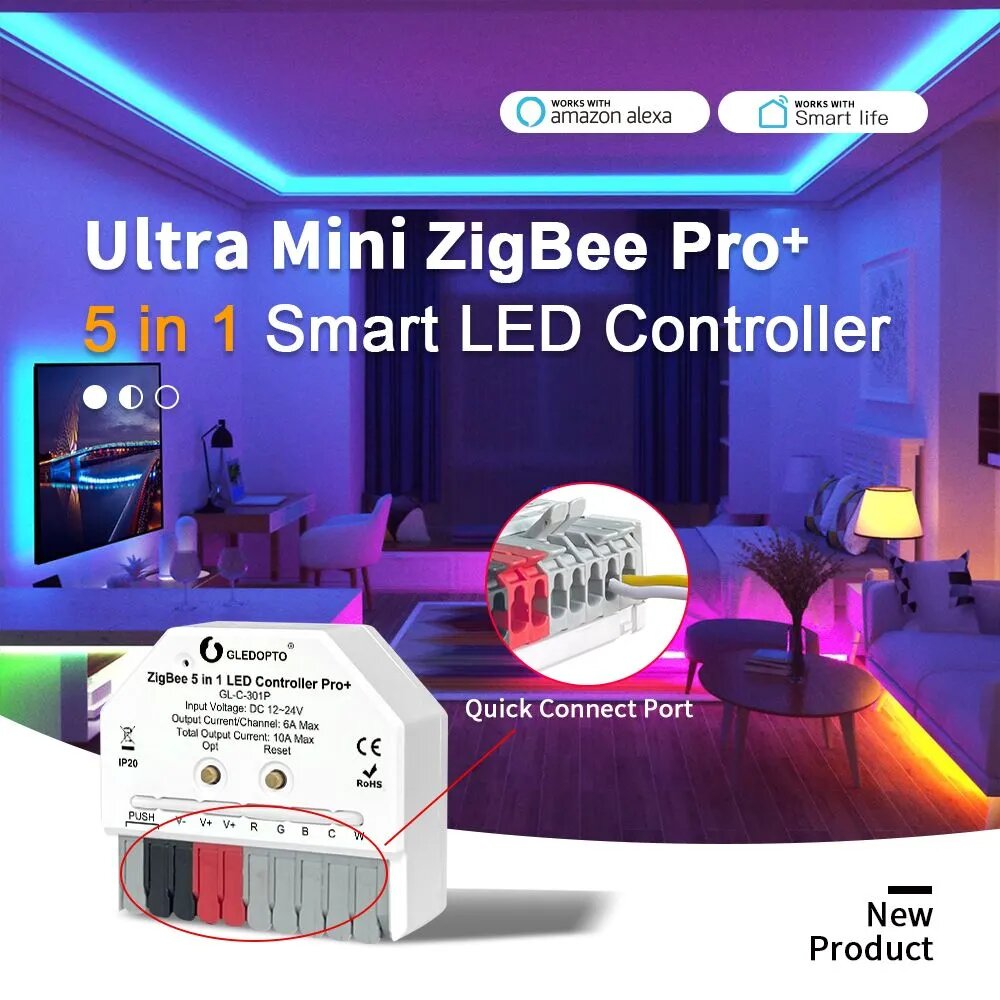GLEDOPTO ZigBee3.0 Pro + Ultra Mini 5 в 1 Светодиодный полосчатый контроллер RGBCCT RGBW WWCW APP Голосовое управление ZigBee2mqtt Conbee SmartThings
