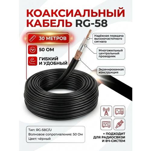 фото Кабель rg-58c/u коаксиальный 50 ом медный черный( 30 метров) premier