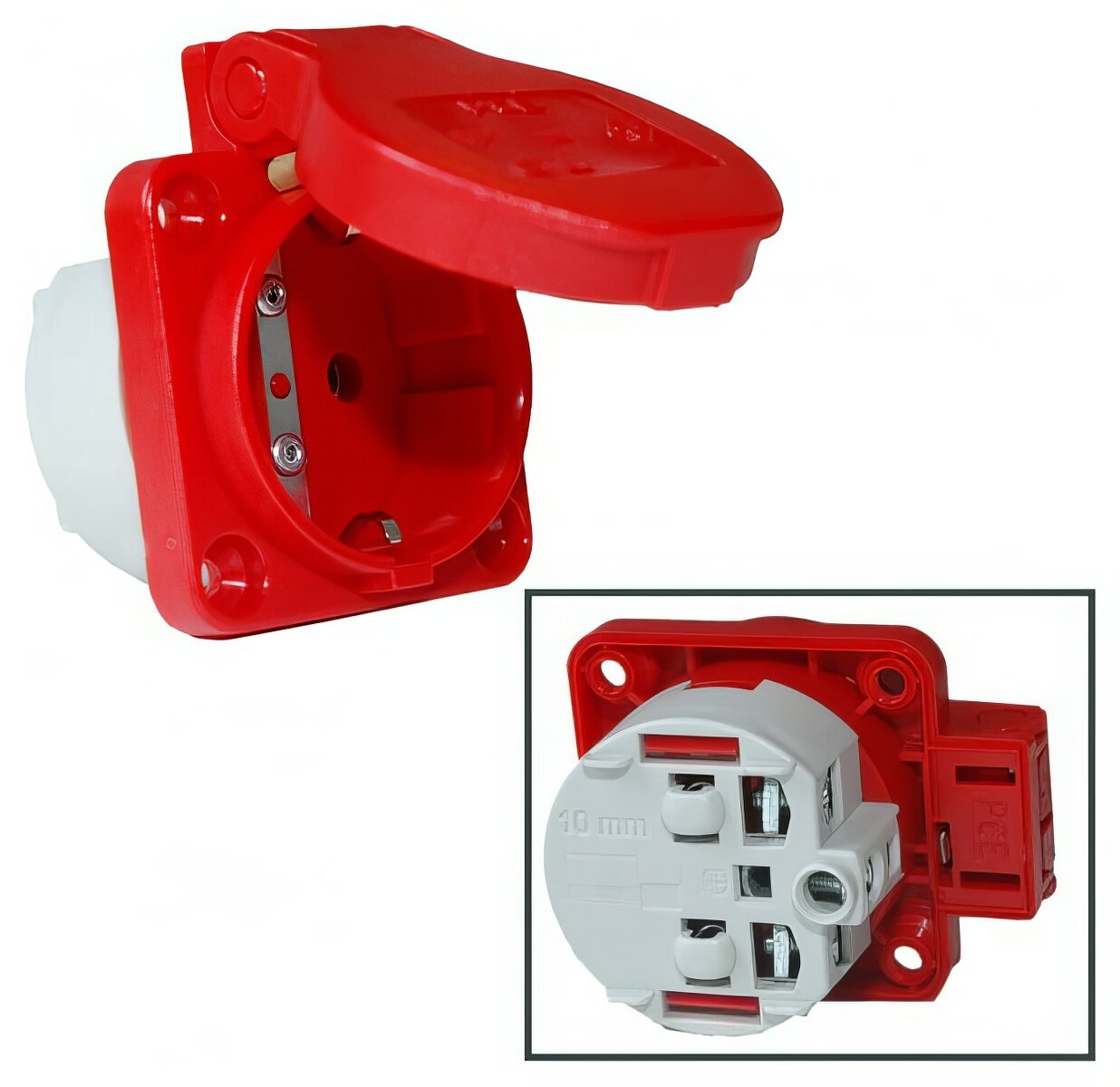 Встраиваемая розетка PCE 16A 250V 2P+E IP54 подключение сзади 50х50 красная 105-0r