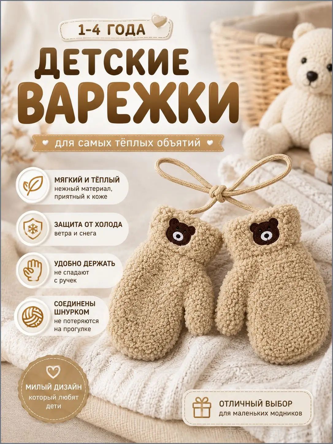 Детские утепленные перчатки бежевые для девочек 1-4 года, материал шерпа и текстиль, зимняя коллекция базовая