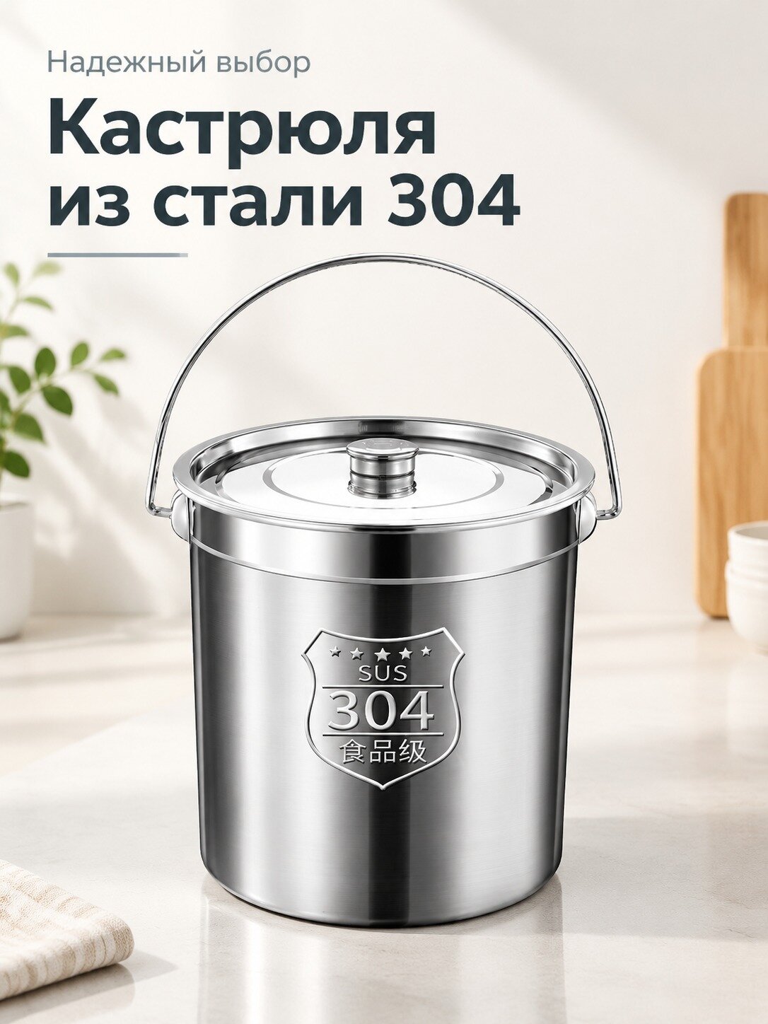 Ведро из нержавеющей стали 304 с крышкой и ручкой, для кухни