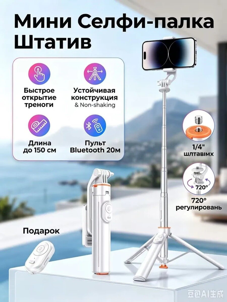Селфи-штатив для смартфона трипод с Bluetooth-пультом, белый, до 150 см